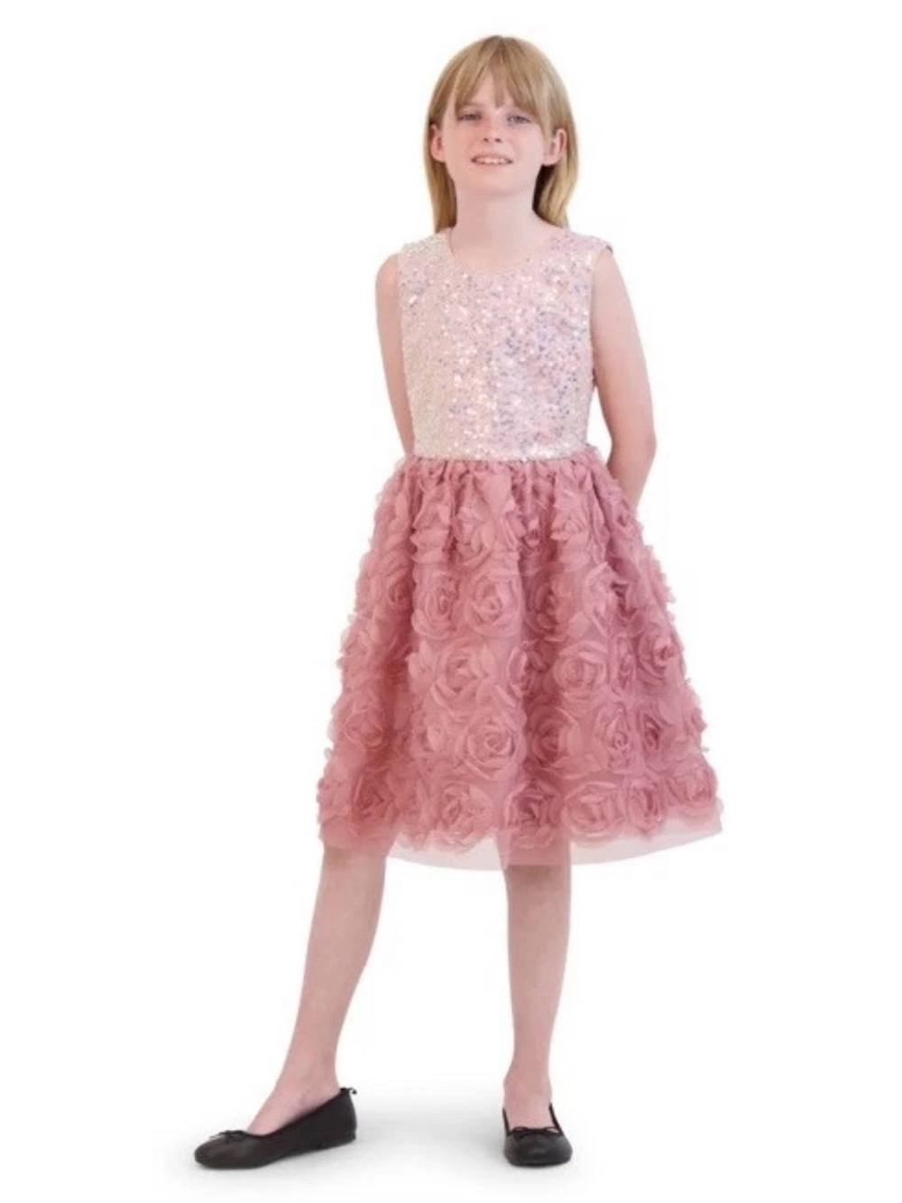 Kensie Girl Sequin Rosette Dress Pink Lilas-Size 12 Mauve Floral Appliqué